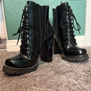 Jeffrey Campbell Black Patent Lace-Up Platform Ankle Boots